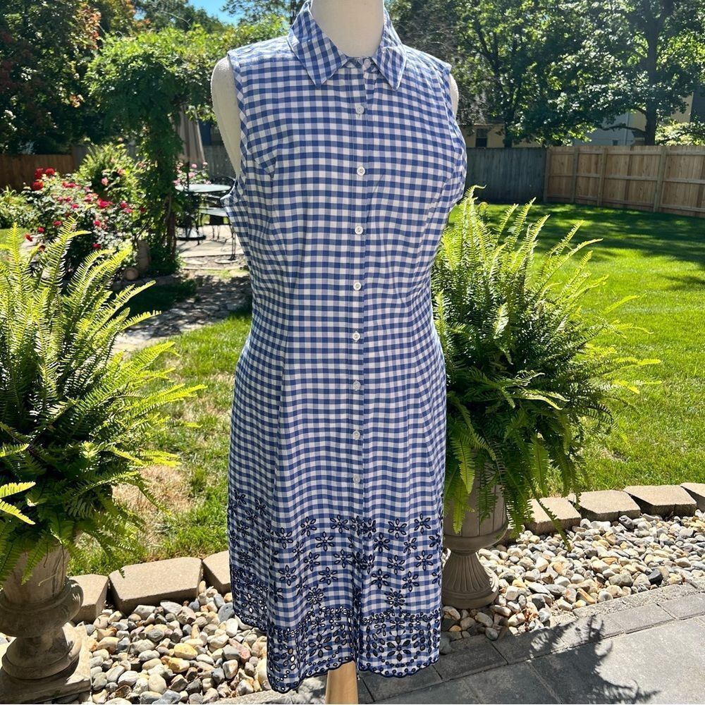 ISAACMIZRAHI Live Blue & White Checked Midi Sleeveless Dress Size 12 - Picture 3 of 10